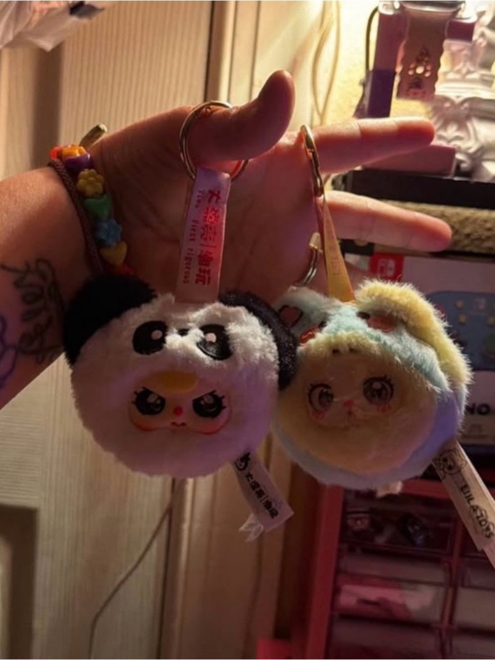 Cute Plush Character Keychains - White & Light Blue Duo